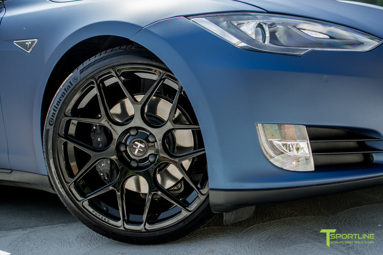 Matte Blue Metallic Model S 1.0 with TS117 Gloss Black Forged Tesla Wheels 1