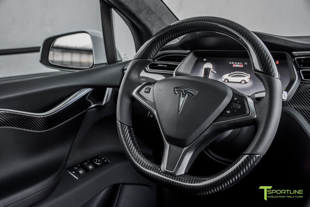 Model X with Gloss Tesla Carbon Fiber Steering Wheel in Black Interior by T Sportline