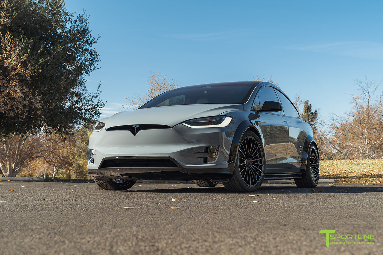 Tesla Model X Performance - 'T Largo' 16 of 20 Nardo Gray Full Body Wrap with Gloss Carbon Fiber Wide Body Package, 22" Wide Body Forged Wheels in Gloss Black and Gloss Carbon Fiber Steering Wheel and Interior Trim