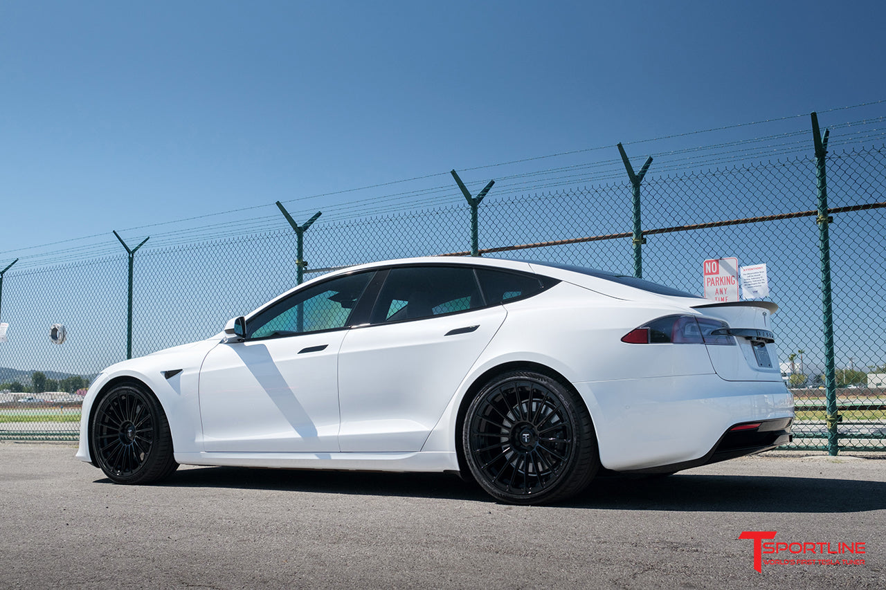 Pearl White Model S Plaid with 21" TS118 in Gloss Black by T Sportline