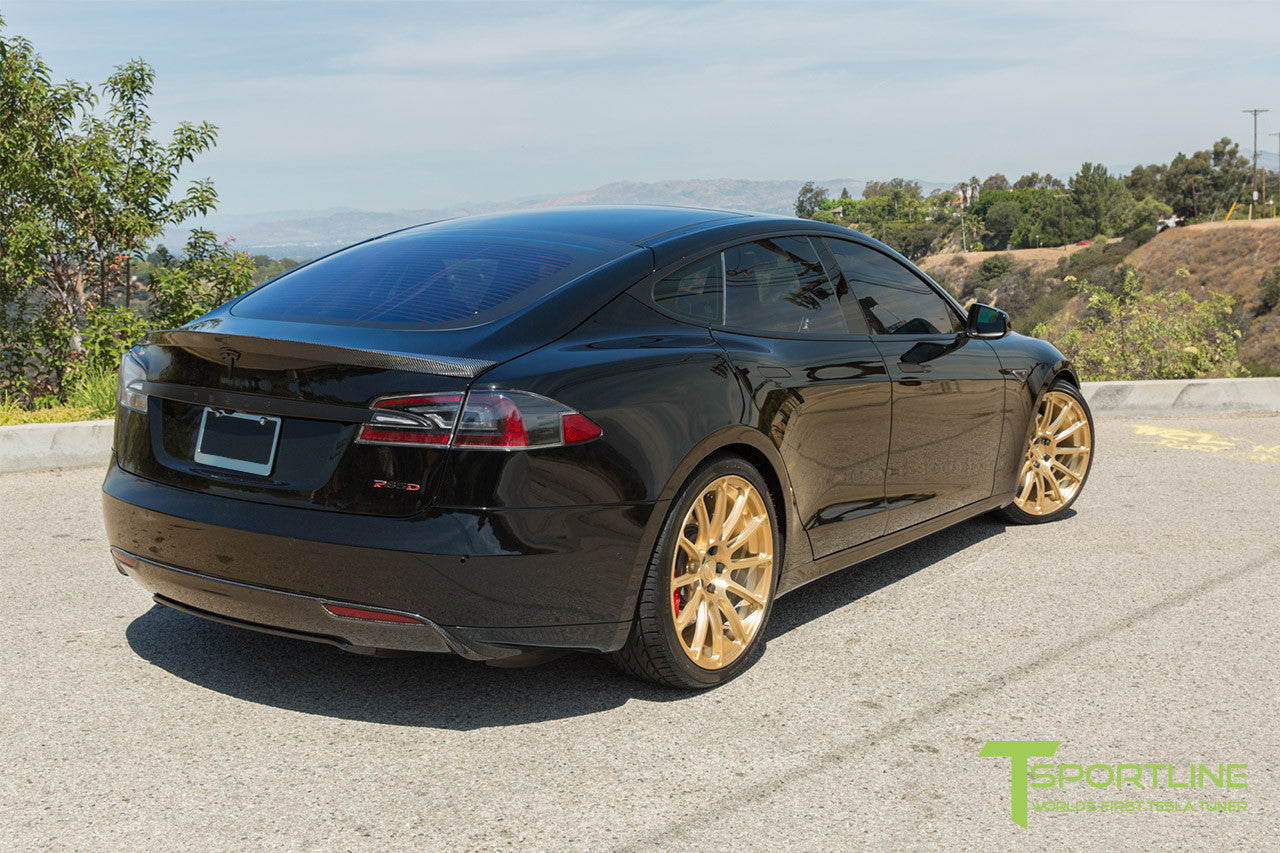 Black Tesla Model S 1.0 with Ghost Gold 21 inch TS112 Forged Wheels 