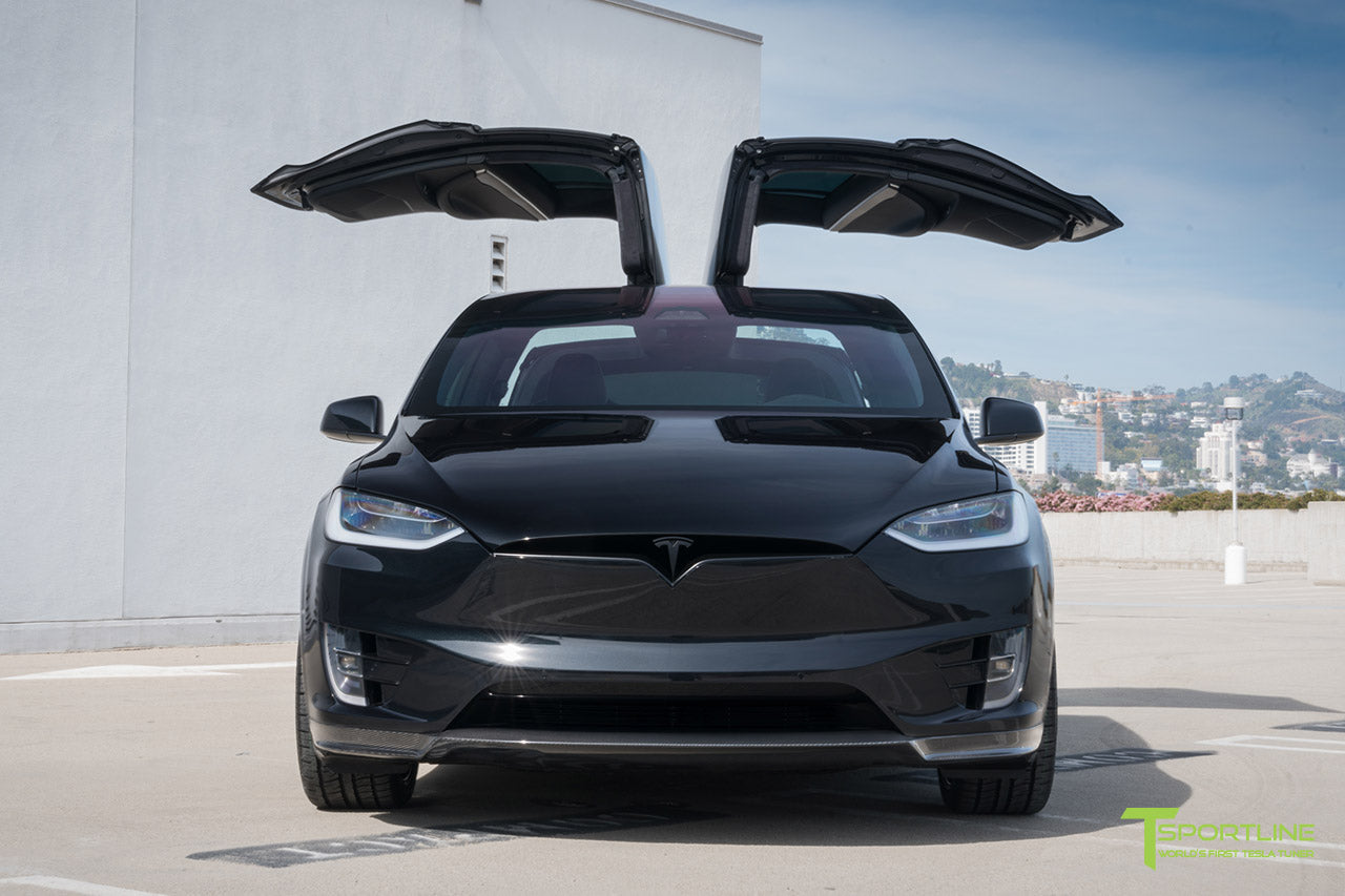 Black Tesla Model X with Matte Black MX5 22 inch Forged Wheels, Carbon Fiber Sport Package - Front Apron - Rear Diffuser - Side Skirt - Rear Wing by T Sportline