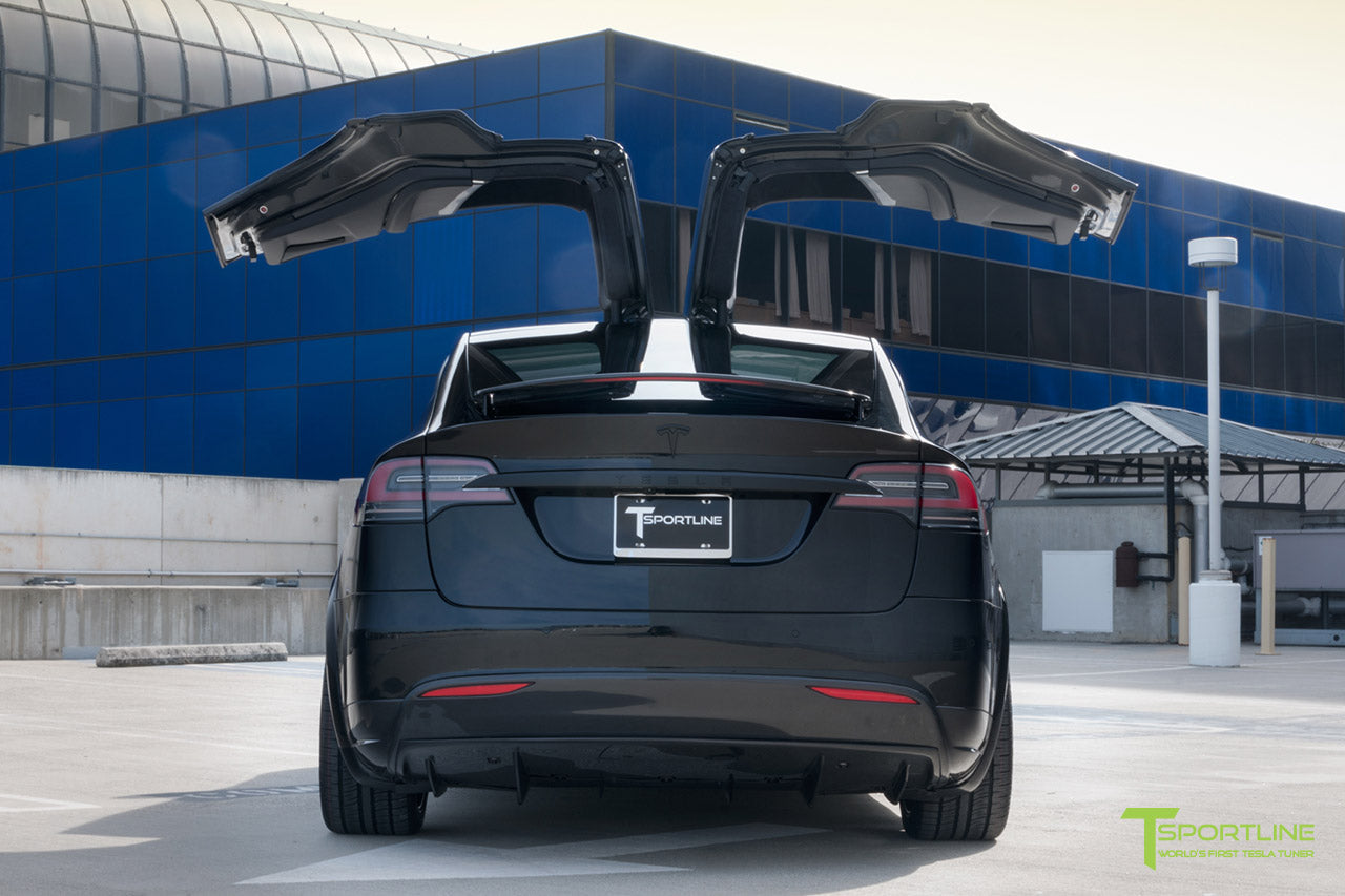 Black Tesla Model X with Matte Black MX5 22 inch Forged Wheels, Carbon Fiber Sport Package - Front Apron - Rear Diffuser - Side Skirt - Rear Wing by T Sportline