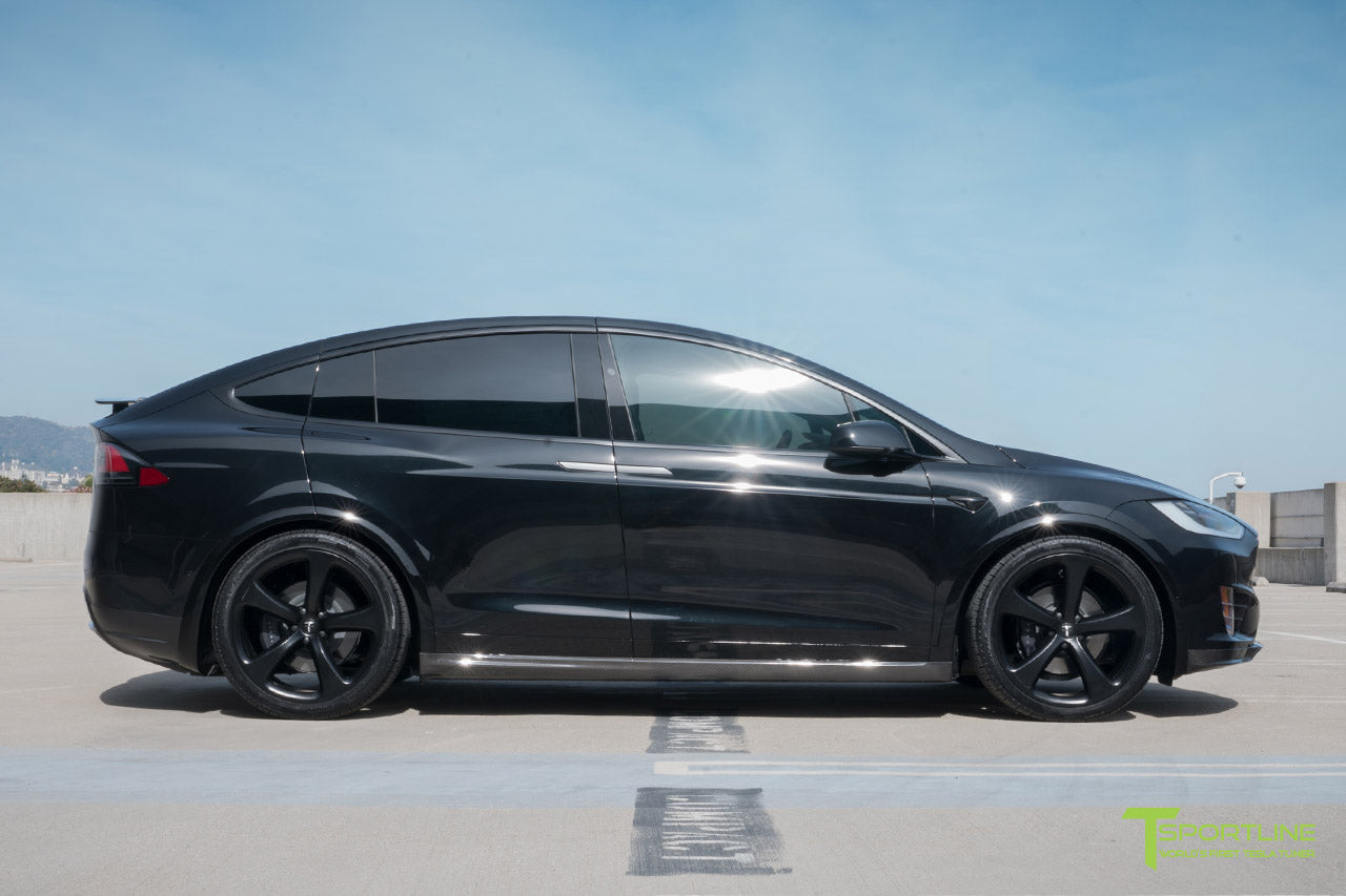 Black Tesla Model X with Matte Black MX5 22 inch Forged Wheels, Carbon Fiber Sport Package - Front Apron - Rear Diffuser - Side Skirt - Rear Wing by T Sportline