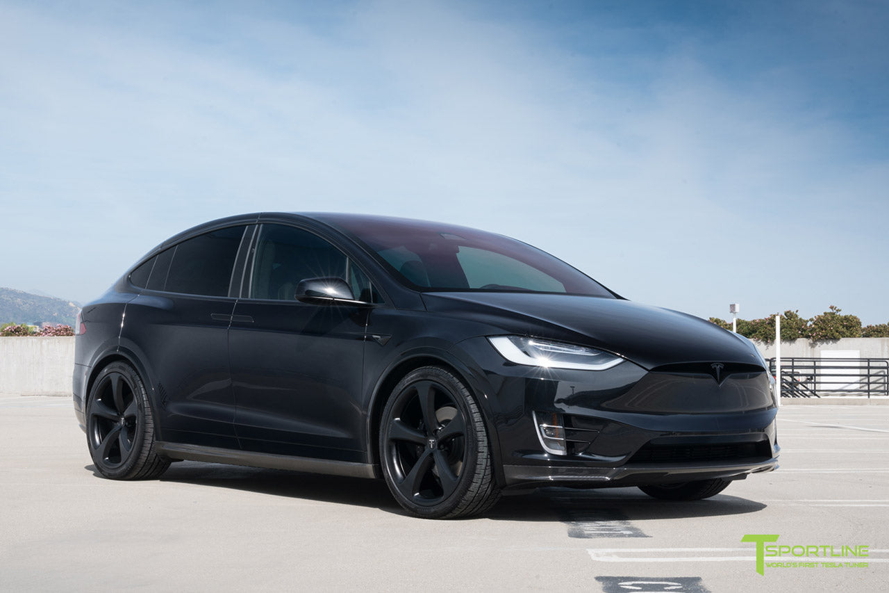 Black Tesla Model X with Matte Black MX5 22 inch Forged Wheels, Carbon Fiber Sport Package - Front Apron - Rear Diffuser - Side Skirt - Rear Wing by T Sportline