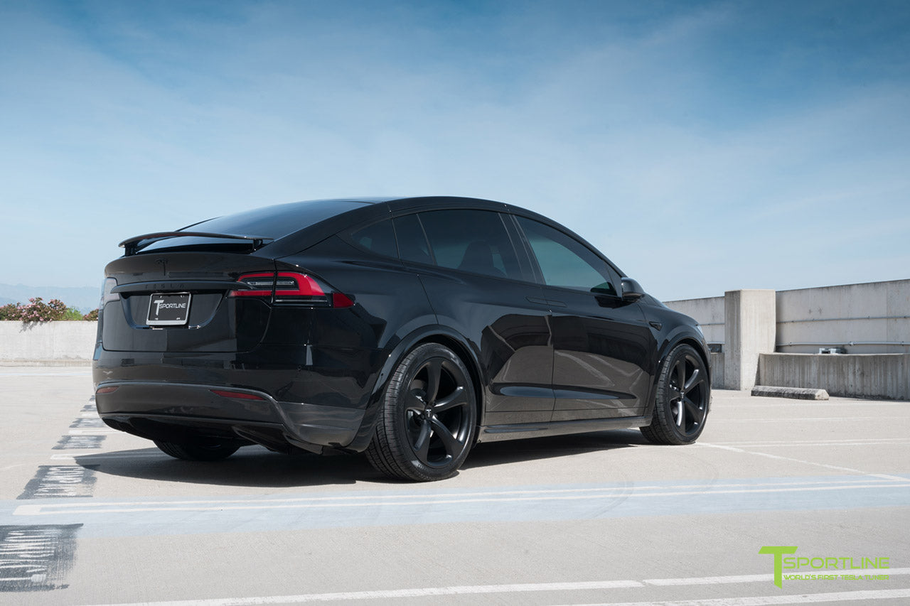 Black Tesla Model X with Matte Black MX5 22 inch Forged Wheels, Carbon Fiber Sport Package - Front Apron - Rear Diffuser - Side Skirt - Rear Wing by T Sportline