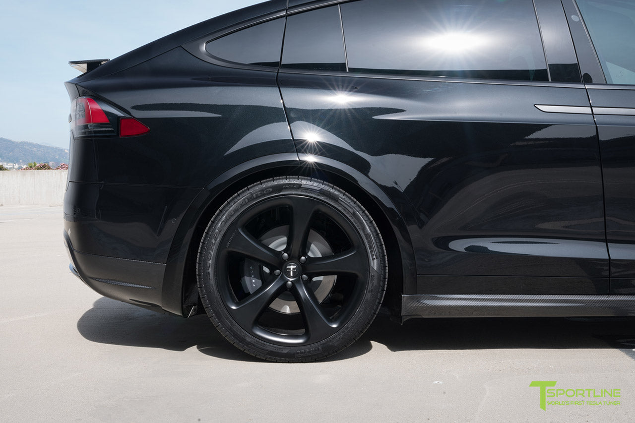 Black Tesla Model X with Matte Black MX5 22 inch Forged Wheels, Carbon Fiber Sport Package - Front Apron - Rear Diffuser - Side Skirt - Rear Wing by T Sportline
