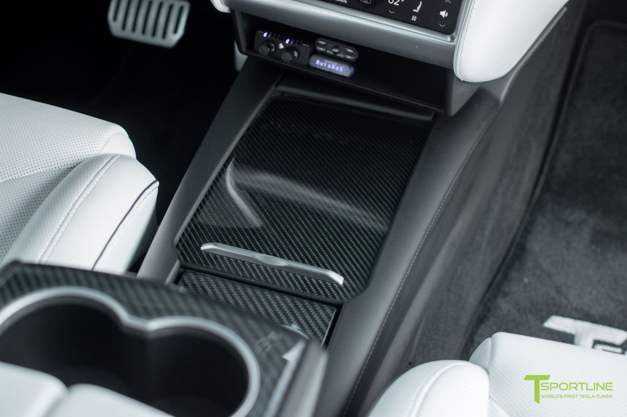 Tesla Model X P100D - White Interior - Carbon Fiber Dash Kit - Dashboard - Steering Wheel - Center Console Flip Door and Sliding Tray by T Sportline 15