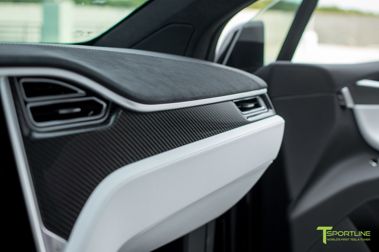 Project TSX8 - Tesla Model X P100D - White Interior - Carbon Fiber Dash Kit - Dashboard - Steering Wheel by T Sportline