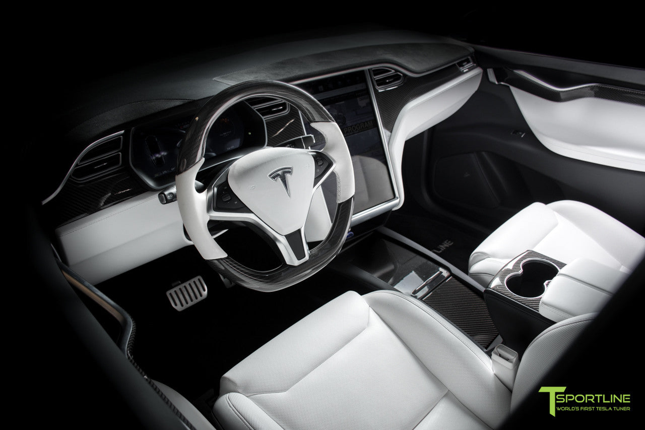 Project TSX8 - Tesla Model X P100D - White Interior - Carbon Fiber Dash Kit - Dashboard - Steering Wheel by T Sportline