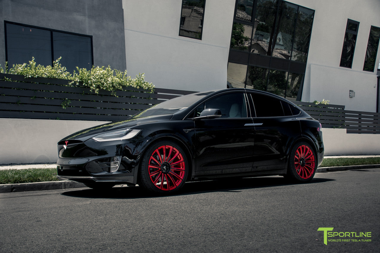 Black Tesla Model X with Imperial Red 22 inch MX114 Forged Wheels by T Sportline
