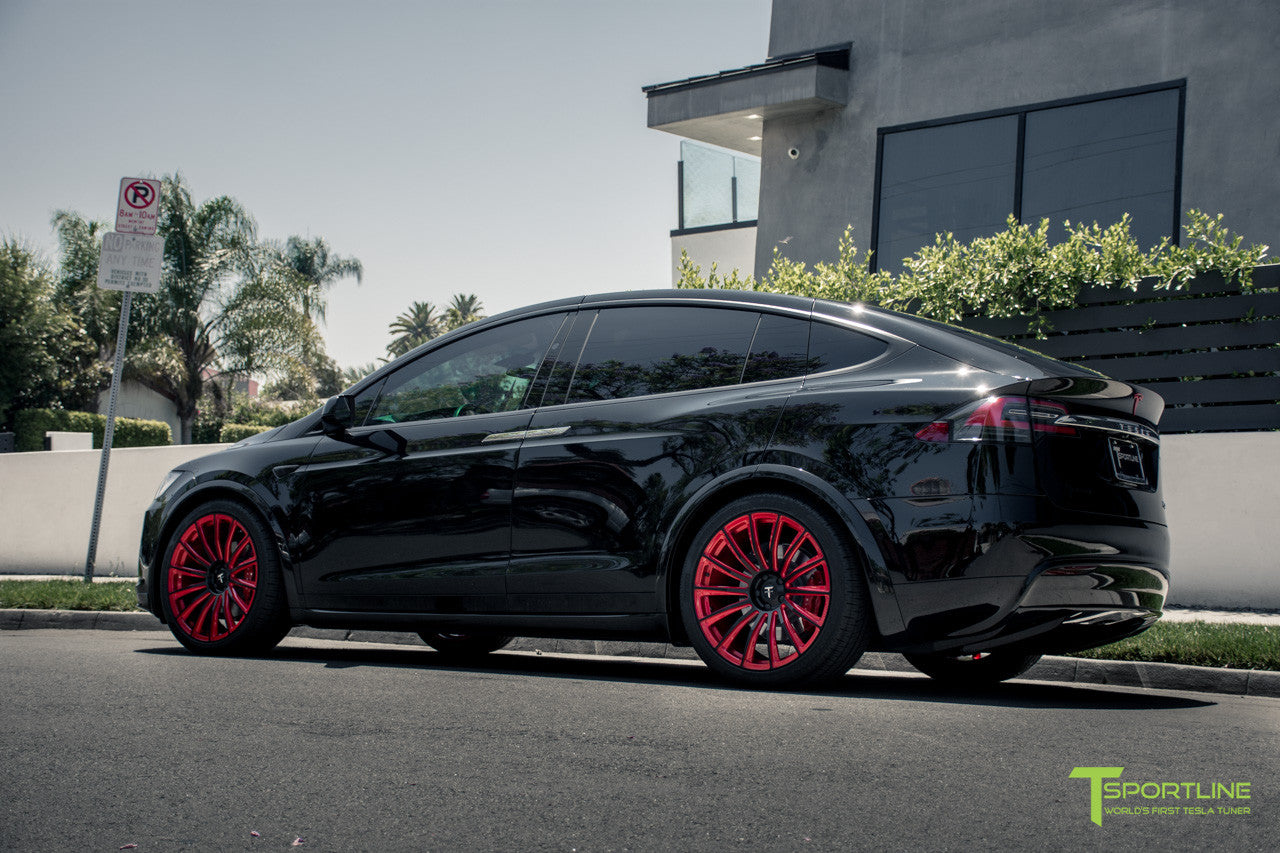 Black Tesla Model X with Imperial Red 22 inch MX114 Forged Wheels by T Sportline