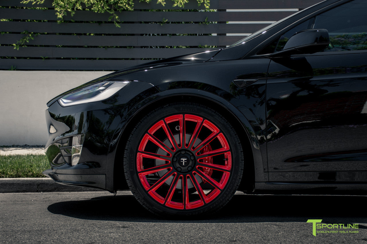 Black Tesla Model X with Imperial Red 22 inch MX114 Forged Wheels by T Sportline