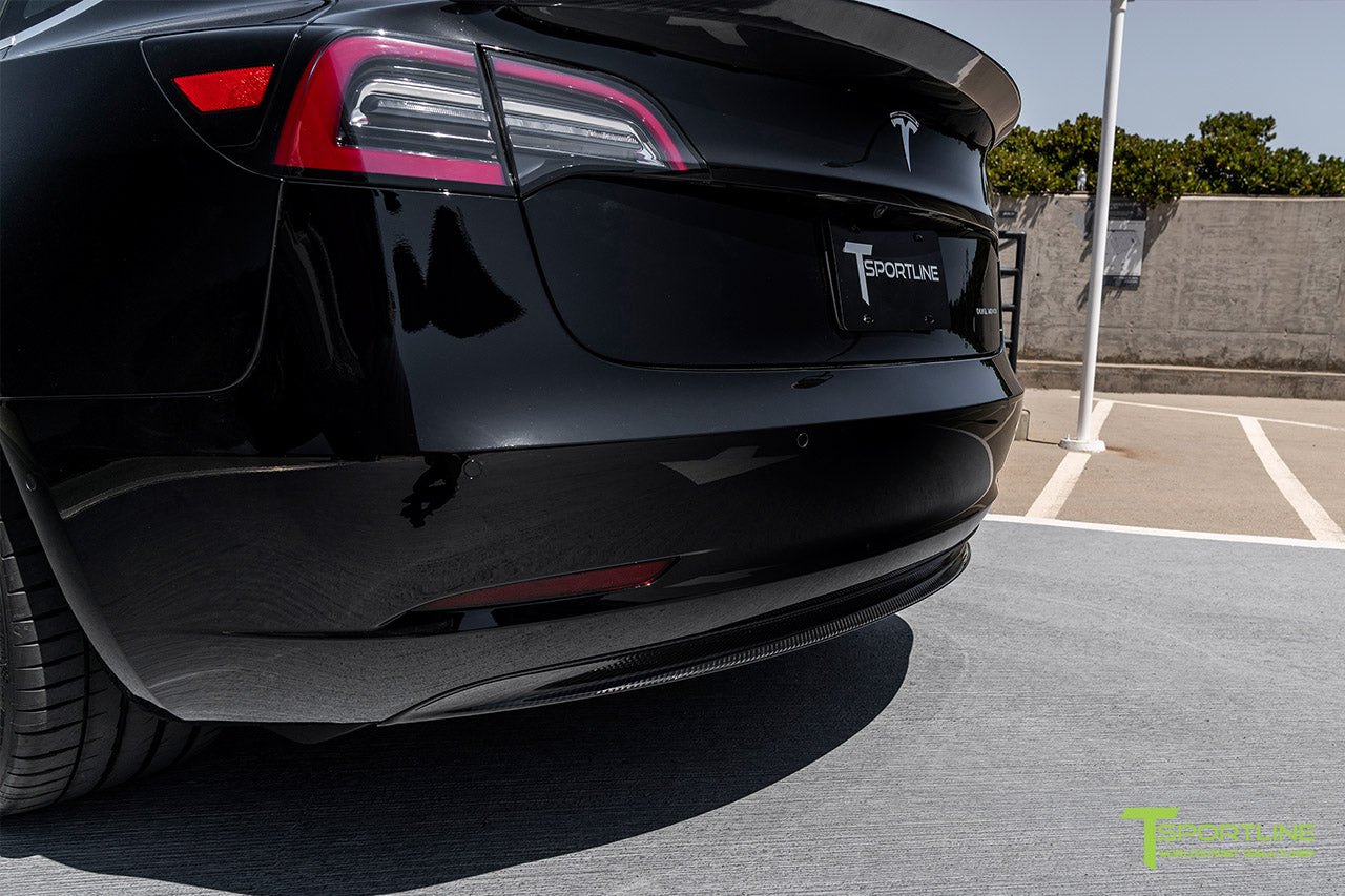 Black Performance Tesla Model 3 with Carbon Fiber Tesla Model 3 Front Apron (Front Splitter or Front Lip), Rear Diffuser, Side Skirt, and Rear Trunk Wing by T Sportline 