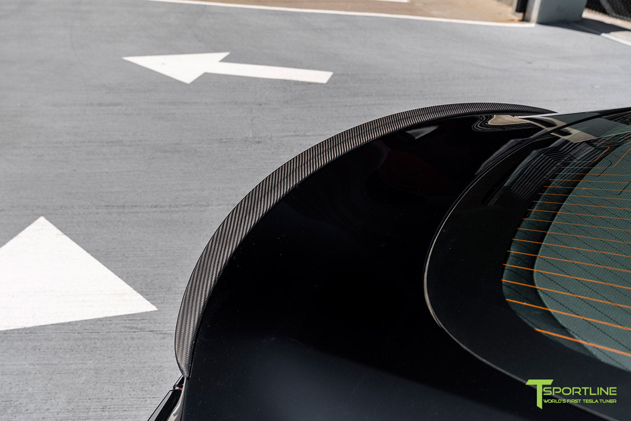 Black Tesla Model 3 Performance with Matte Carbon Fiber Executive Trunk Wing Lip Spoiler by T Sportline