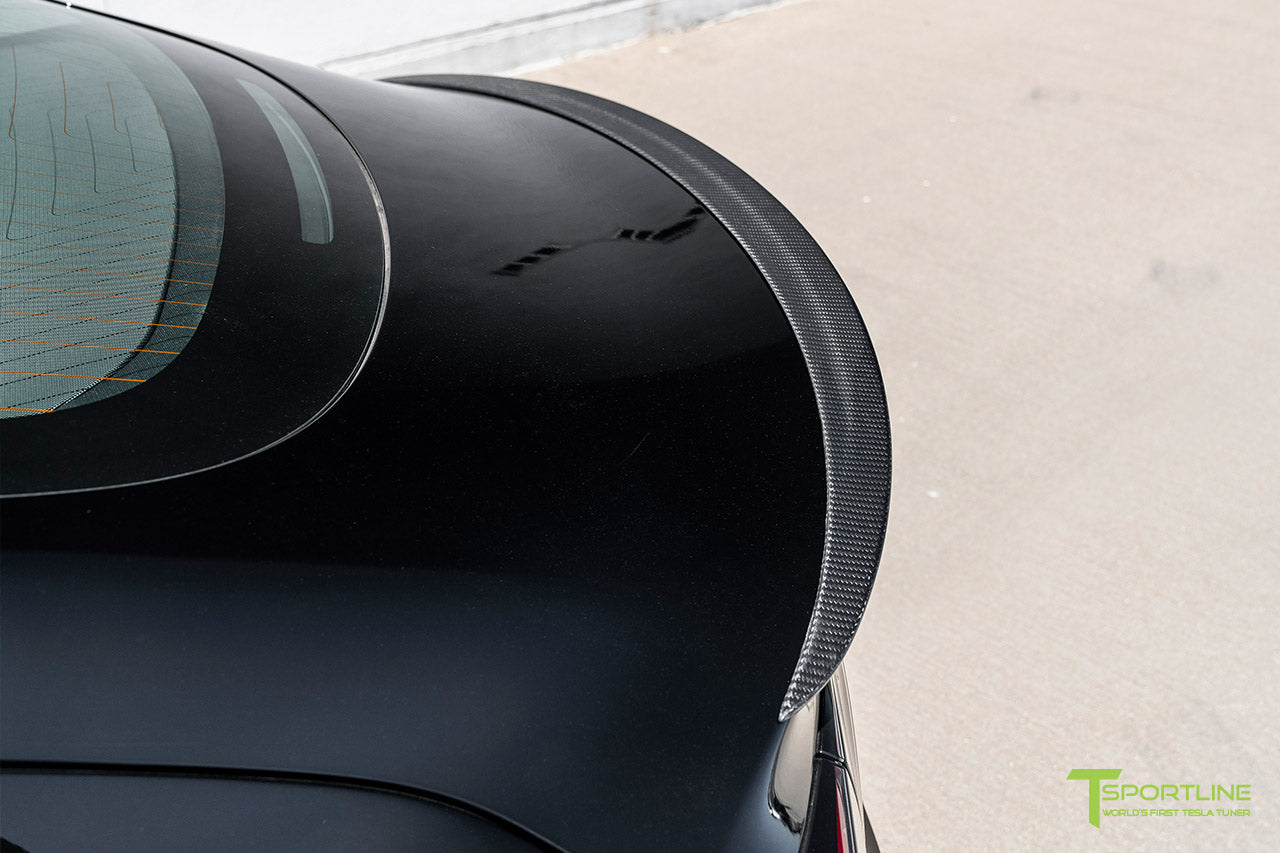 Black Tesla Model 3 Performance with Matte Carbon Fiber Executive Trunk Wing Lip Spoiler by T Sportline