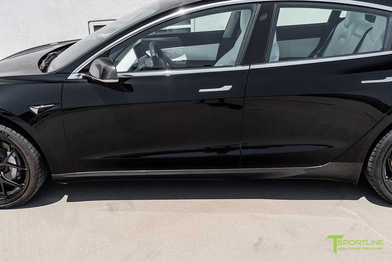 Black Performance Tesla Model 3 with Carbon Fiber Tesla Model 3 Front Apron (Front Splitter or Front Lip), Rear Diffuser, Side Skirt, and Rear Trunk Wing by T Sportline 