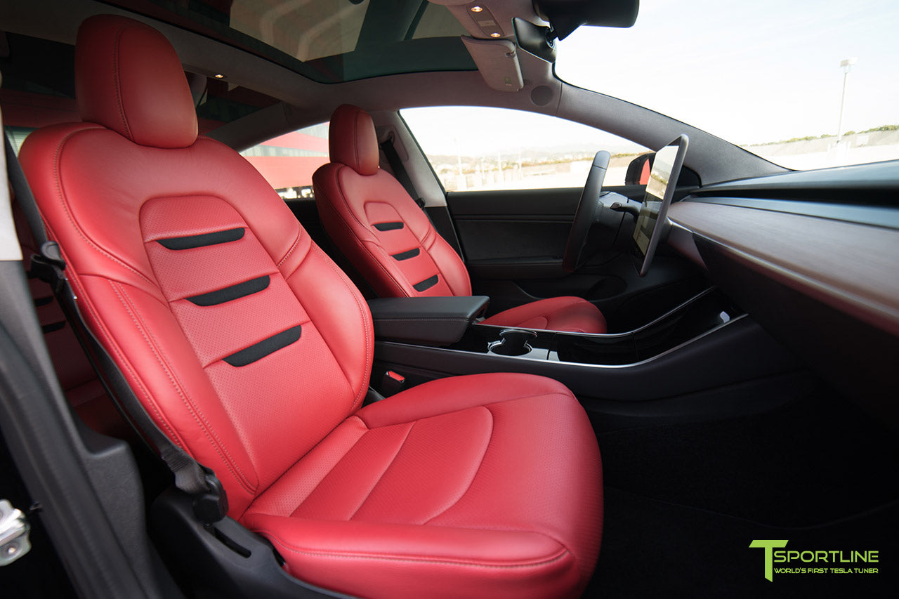 Tesla Model 3 Custom Leather Interior Kit - Red Leather - Suede Black - Perforated by T Sportline