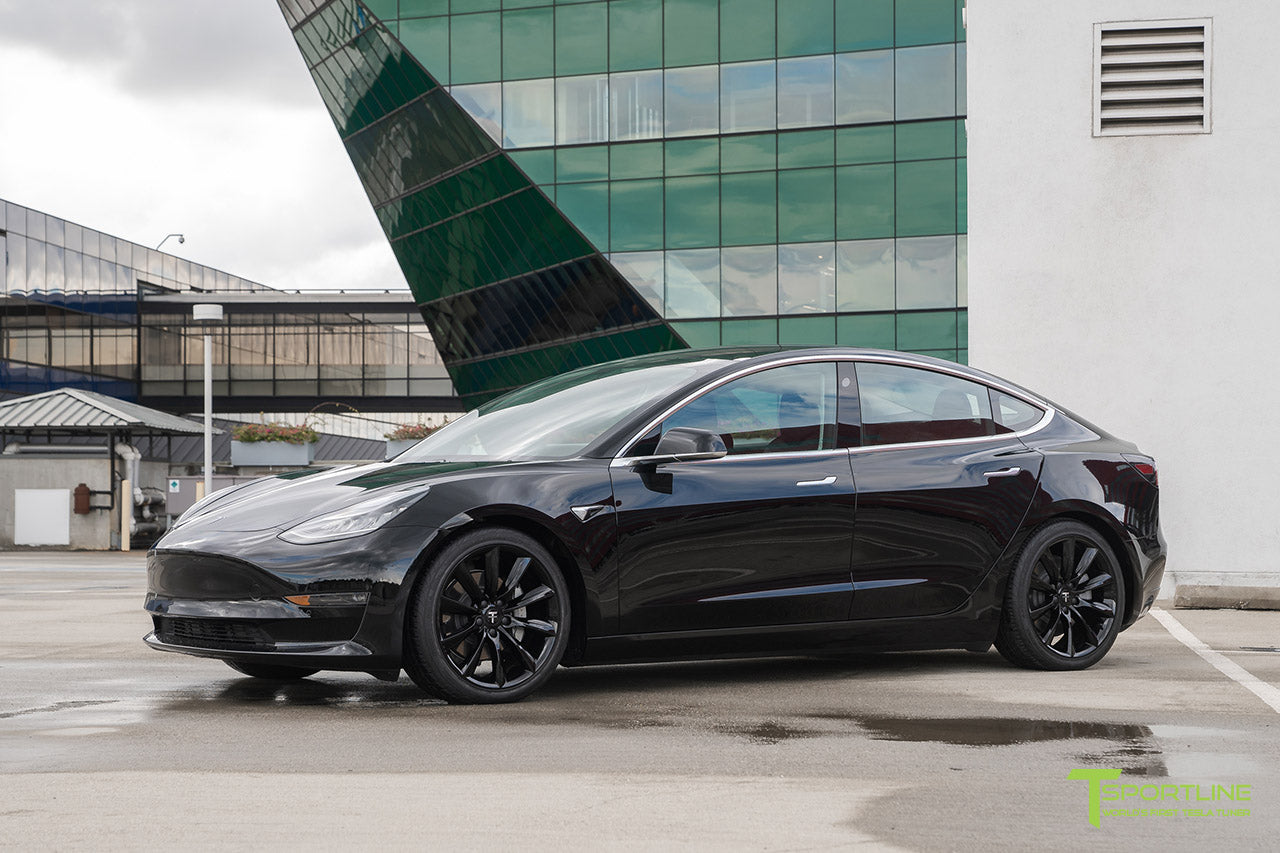 Black Dual Motor Tesla Model 3 with Lowering Springs and Gloss Black 19 Inch TST Turbine Style Wheels by T Sportline 