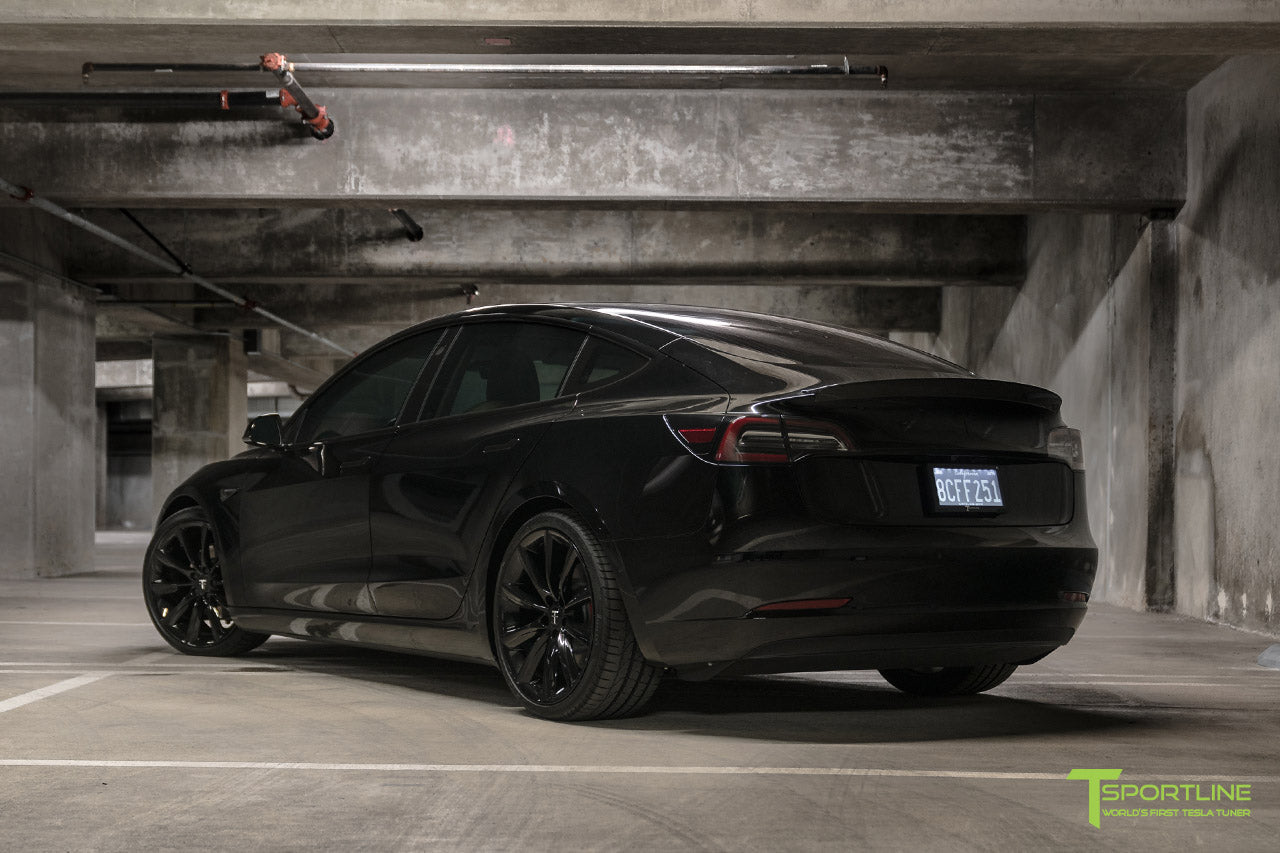 Black Tesla Model 3 with Gloss Carbon Fiber Trunk Wing Spoiler by T Sportline 