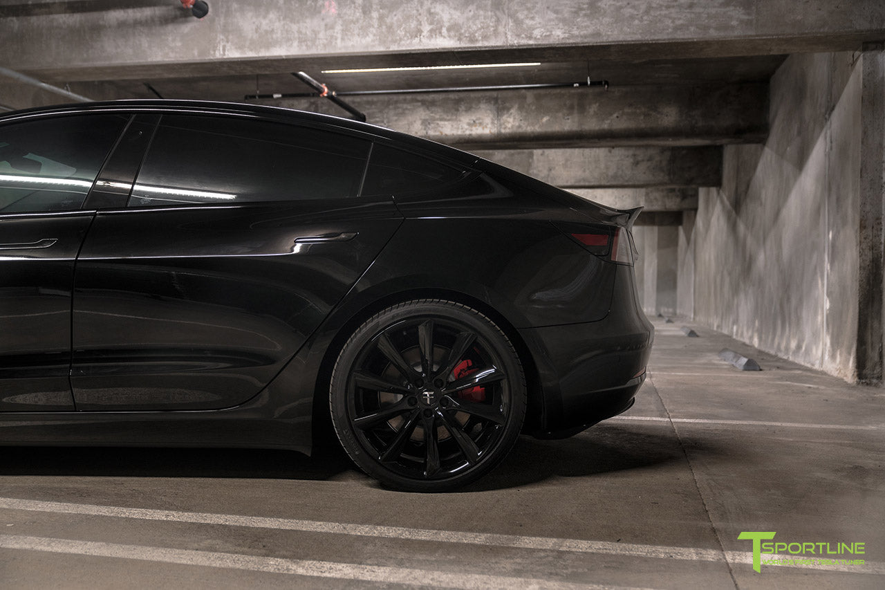 Black Tesla Model 3 with Gloss Carbon Fiber Trunk Wing Spoiler by T Sportline 
