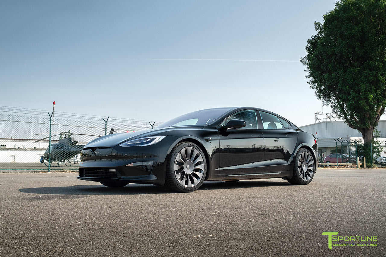 Black Tesla Model S Long Range & Plaid with Satin Gray 20" TSV Tesla Aftermarket Wheels