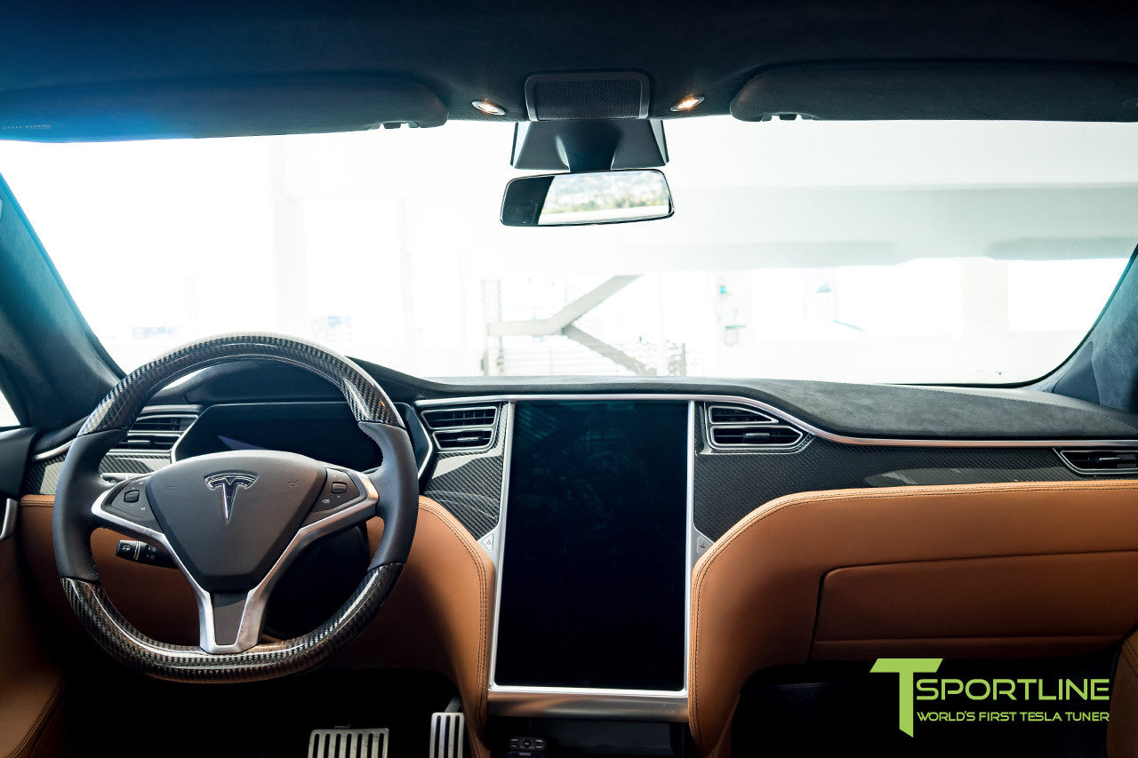 Project Trofeo - Tesla Model S P100D - Custom Ferrari Tan -  Carbon Fiber Dash Kit - Dashboard - Steering Wheel 