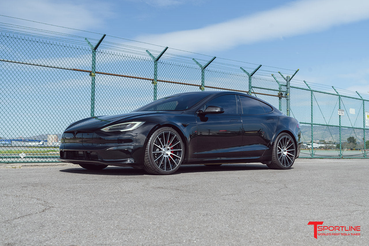 Black Tesla Model S Plaid with TS114 21" Tesla Forged Wheels in Diamond Black