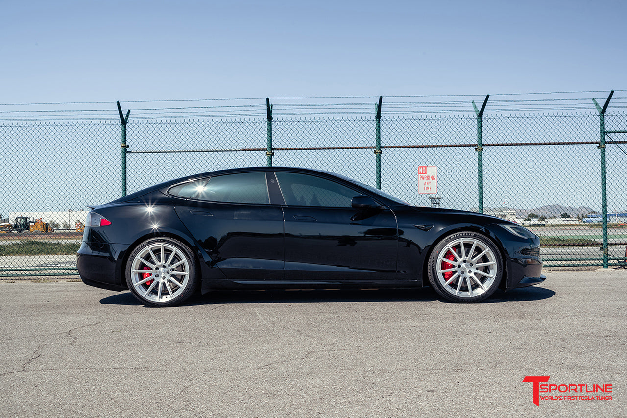 Black Tesla Model S Plaid with TS112 21" Tesla Forged Wheels in Brush Satin