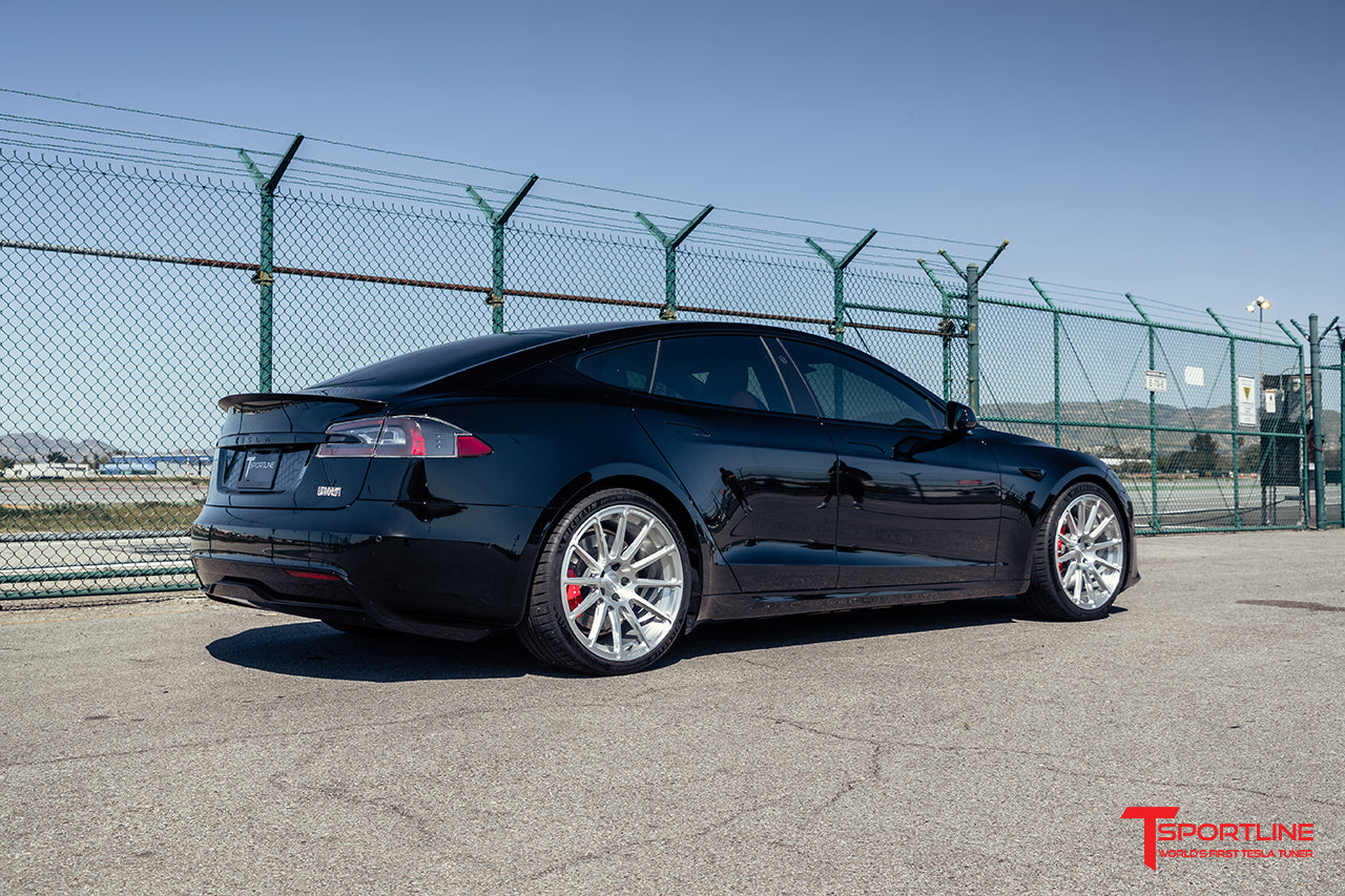 Black Tesla Model S Plaid with TS112 21" Tesla Forged Wheels in Brush Satin