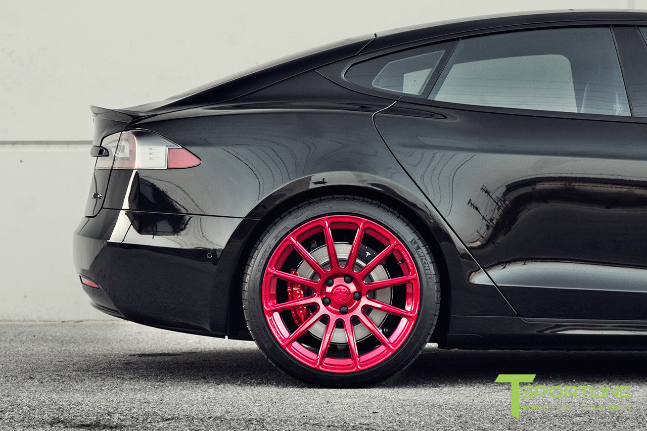Black Tesla Model S 2.0 with Velocity Red 21 inch TS112 Forged Wheels 