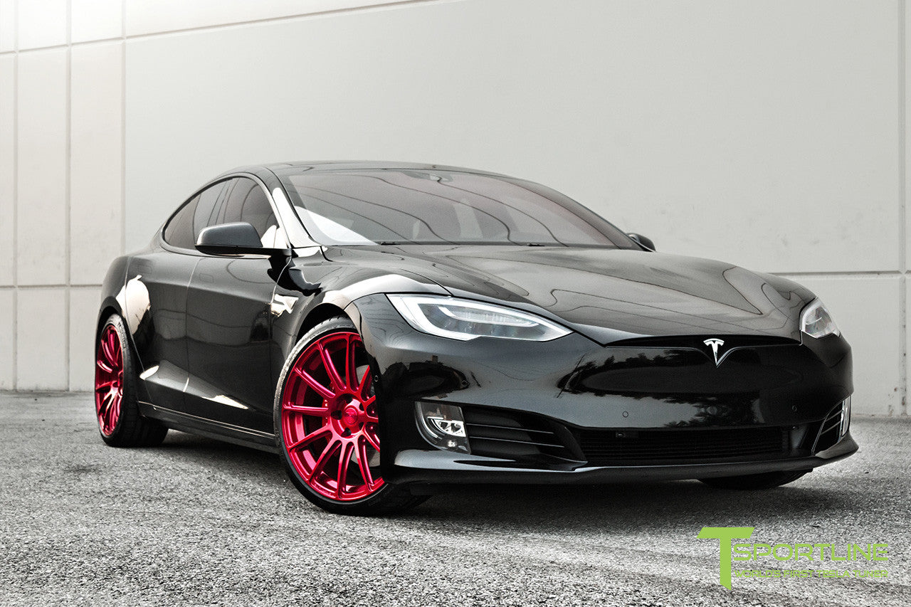 Black Tesla Model S 2.0 with Velocity Red 21 inch TS112 Forged Wheels 