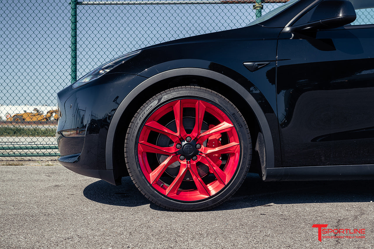 Black Tesla Model Y Plaid with TSSF 21" Tesla Forged Wheels in Imperial Red