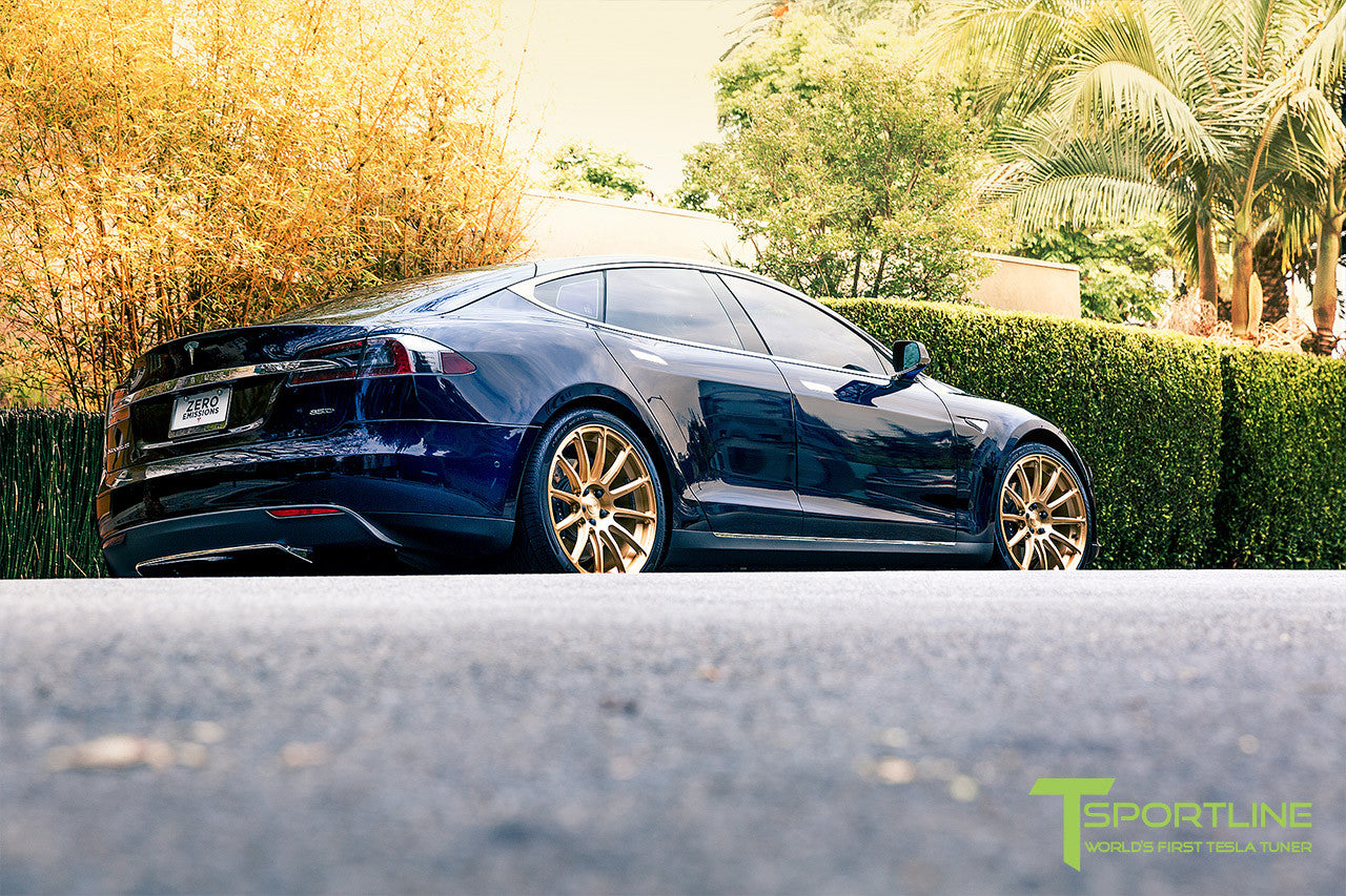 Blue Tesla Model S 1.0 with Ghost Gold 21 inch TS112 Forged Wheels 
