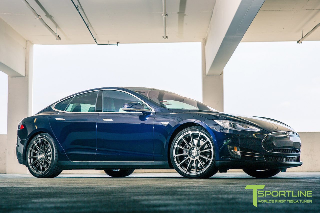 Blue Tesla Model S 1.0 with Hyper Black 21 inch TS112 Forged Wheels 