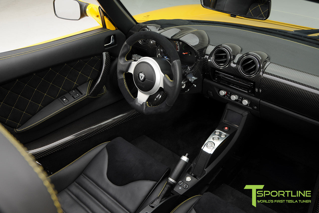 Project Starburst - Brilliant Yellow Tesla Roadster - Custom Ferrari Black and Black Alcantara Interior - Carbon Fiber Dashboard 