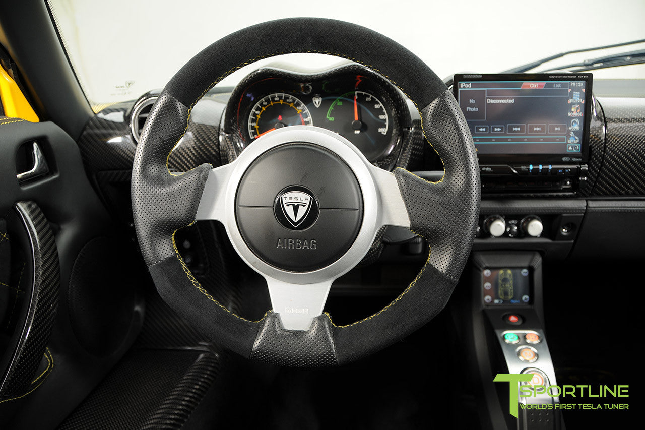 Project Starburst - Brilliant Yellow Tesla Roadster - Custom Ferrari Black and Black Alcantara Interior - Carbon Fiber Dashboard 