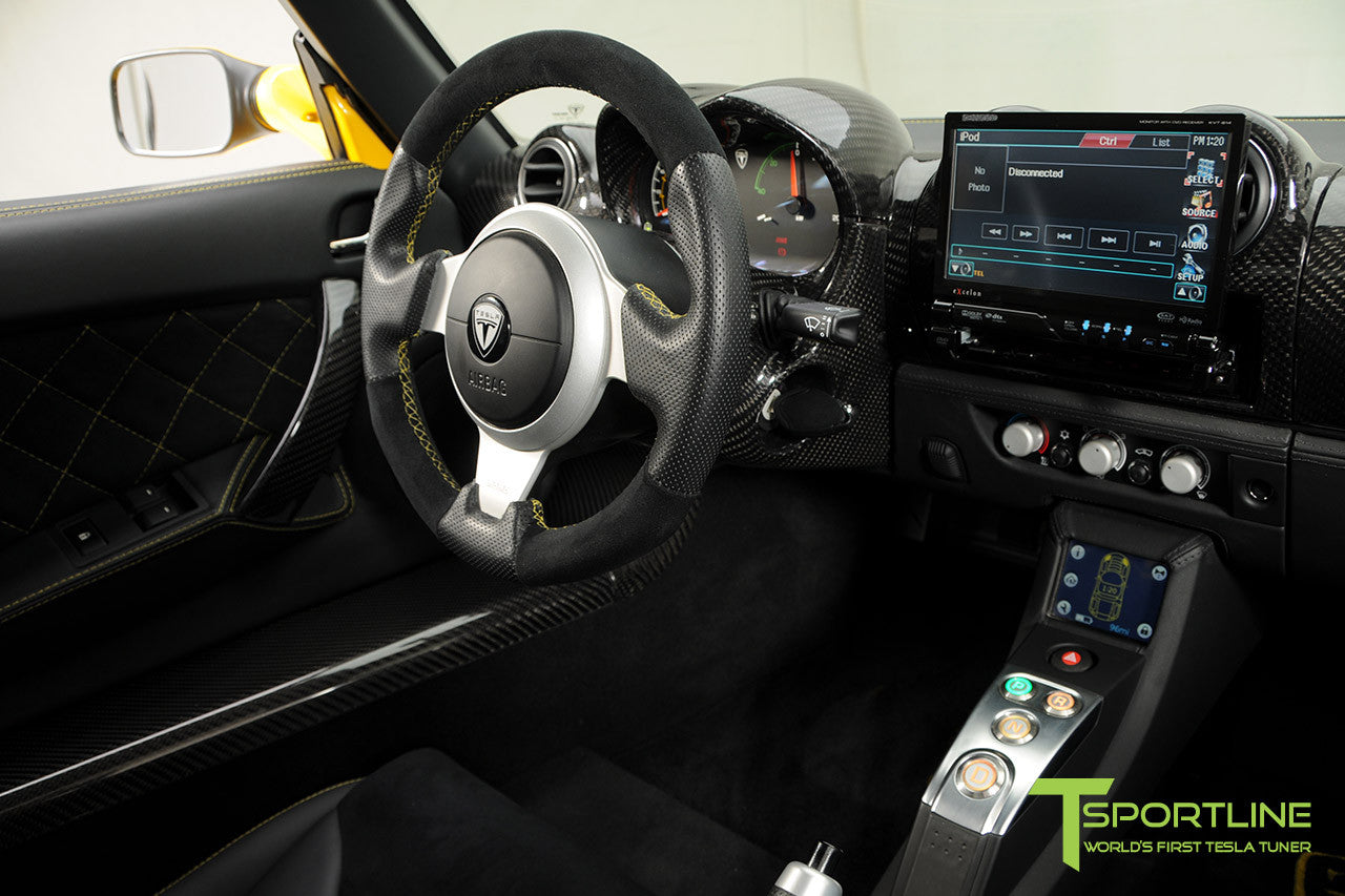 Project Starburst - Brilliant Yellow Tesla Roadster - Custom Ferrari Black and Black Alcantara Interior - Carbon Fiber Dashboard 