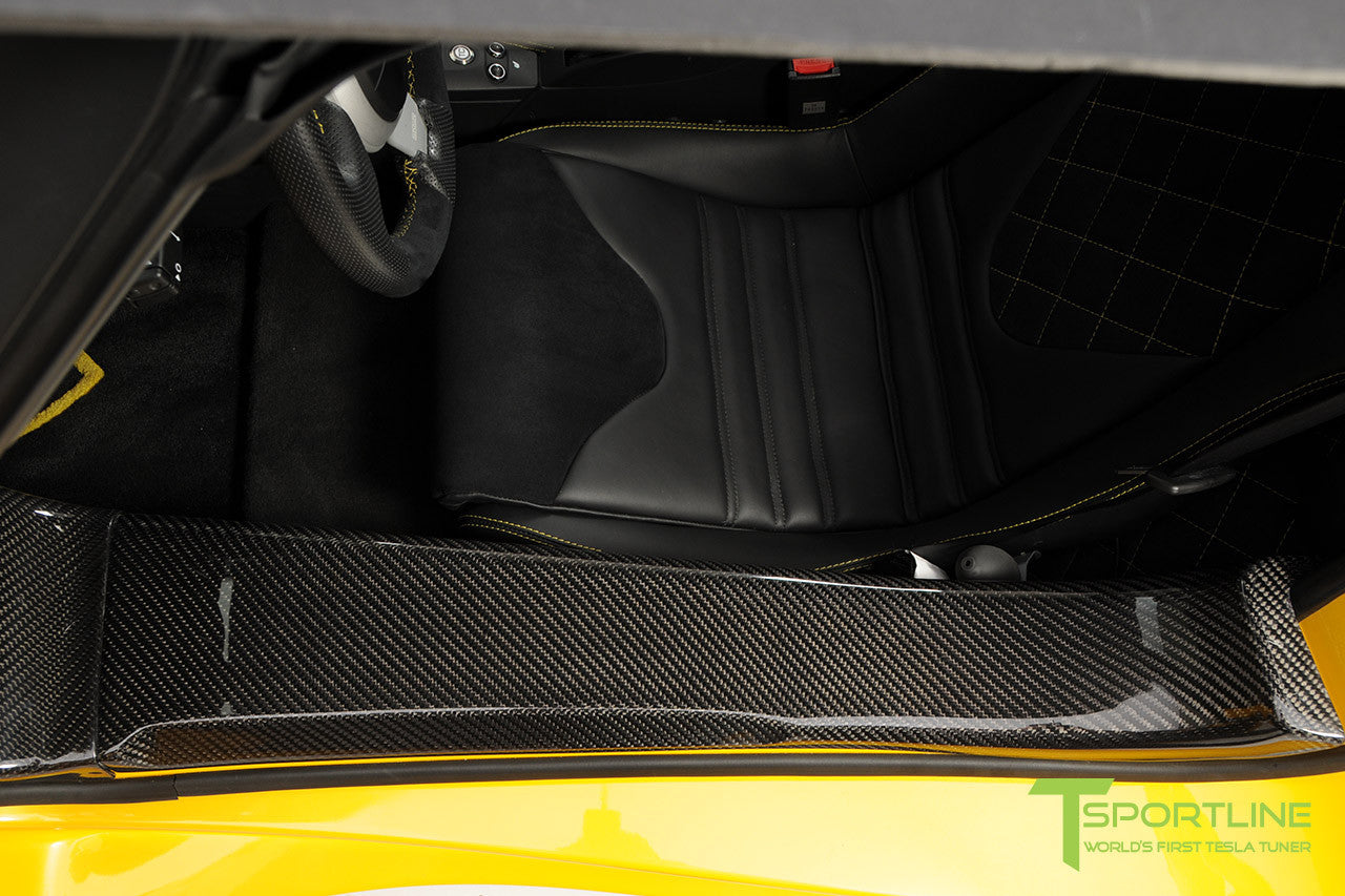 Project Starburst - Brilliant Yellow Tesla Roadster - Custom Ferrari Black and Black Alcantara Interior - Carbon Fiber Door Sill 
