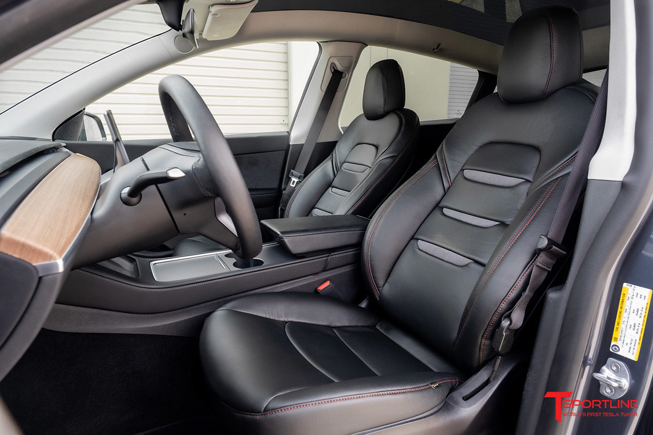 Tesla Model Y Black Insignia Interior Seat Upgrade with Gray Suede and Red Stitching