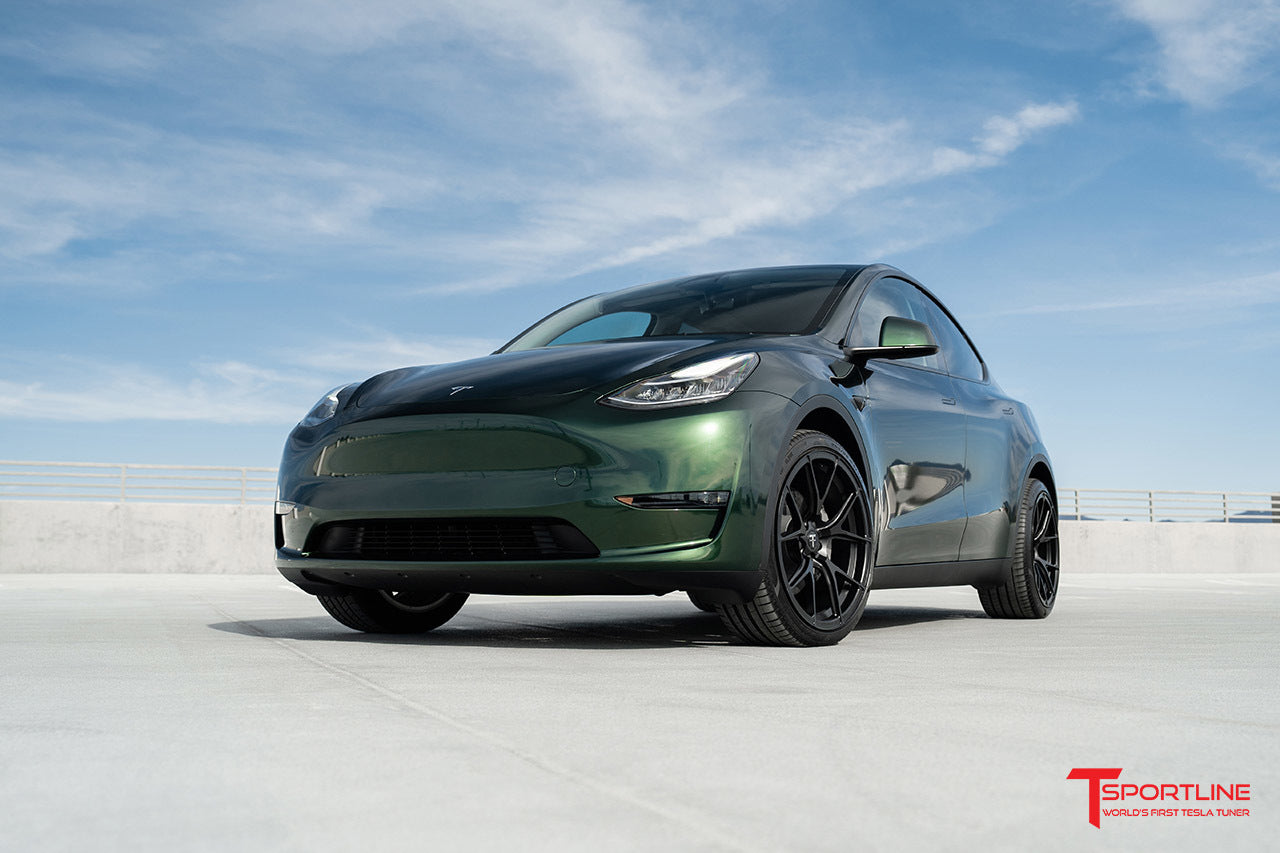 Inozetek Super Gloss Metallic Midnight Green Tesla Model Y with 21" TY115 Wheels