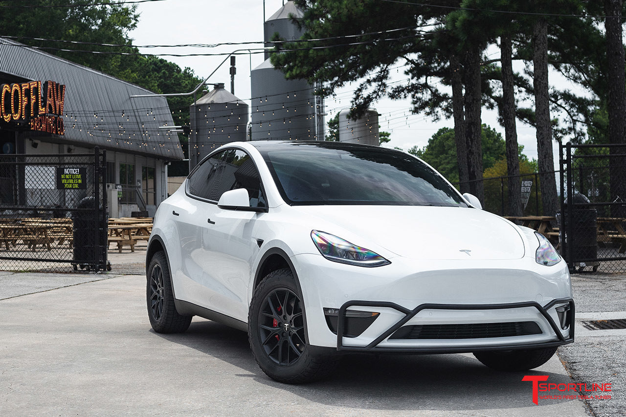 Pearl White Tesla Model Y with Overland 18" TSR, Bull Bar, and Lift Kit