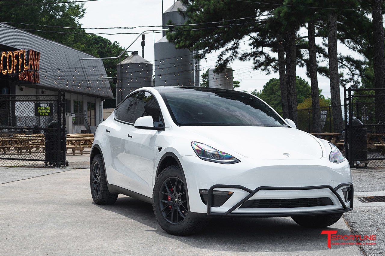 Pearl White Tesla Model Y with Overland 18