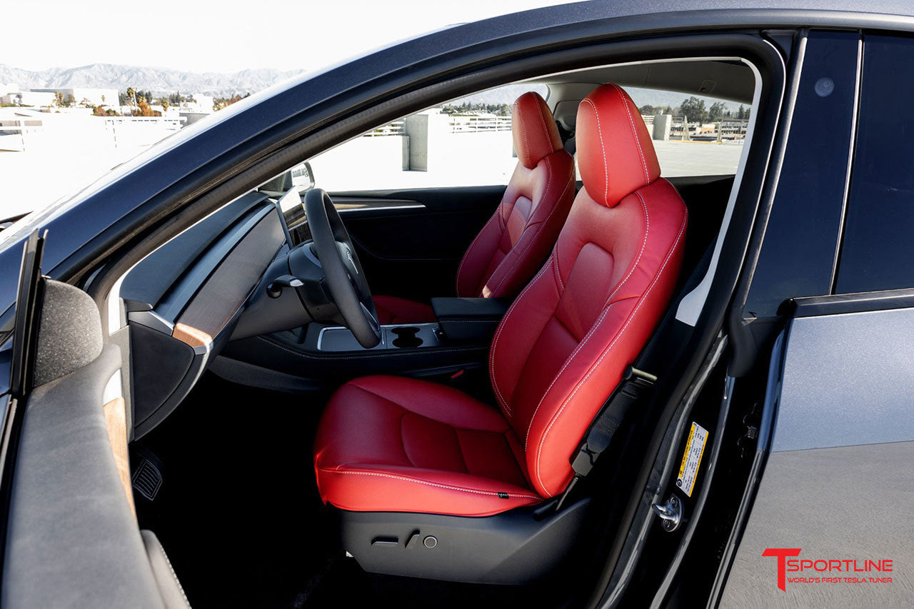 Tesla Model Y Red Interior with White Stitching and Gray Suede