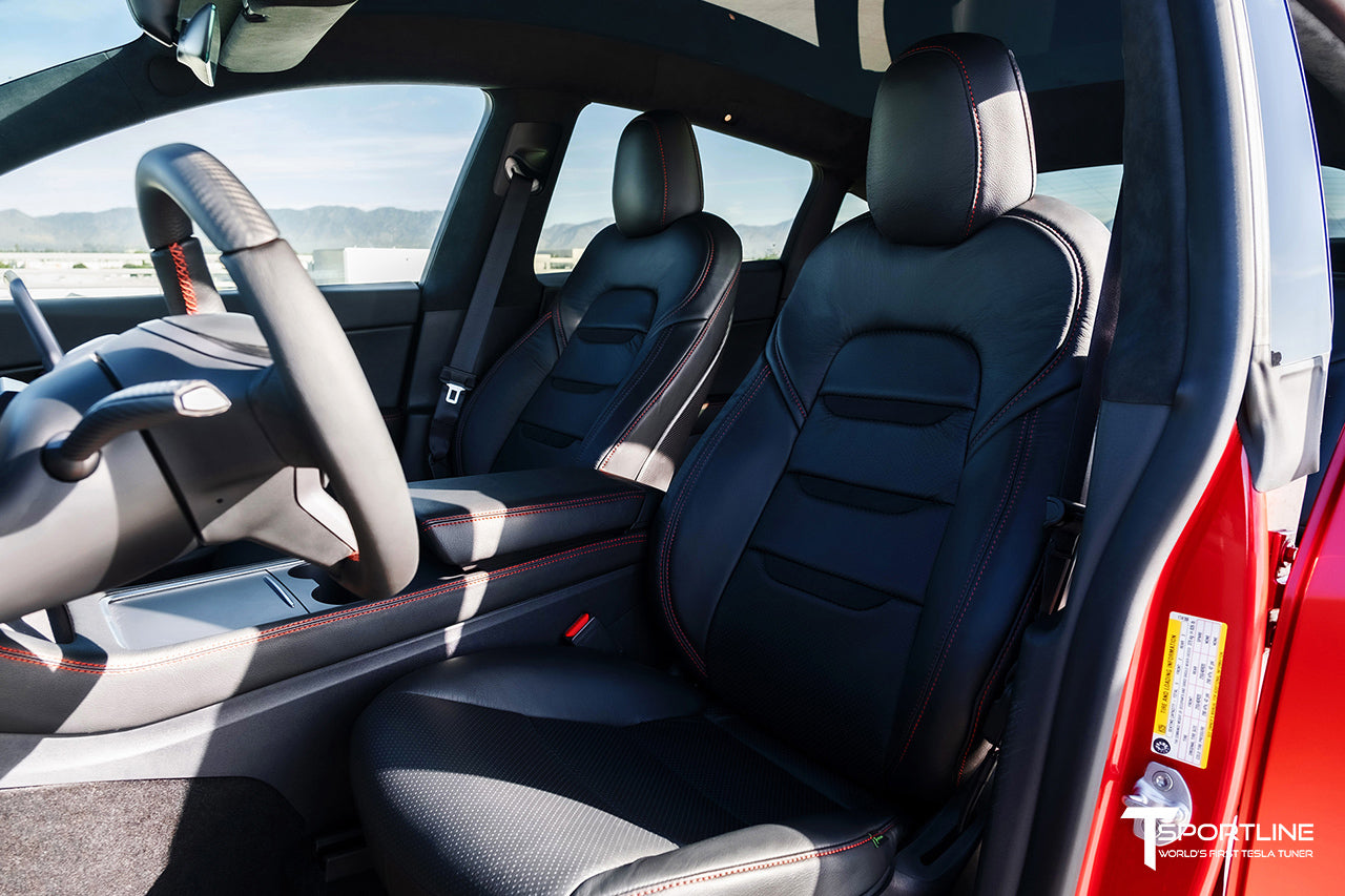 Tesla Model Y Black Insignia Perforated Interior Seat Upgrade with Red Stitching