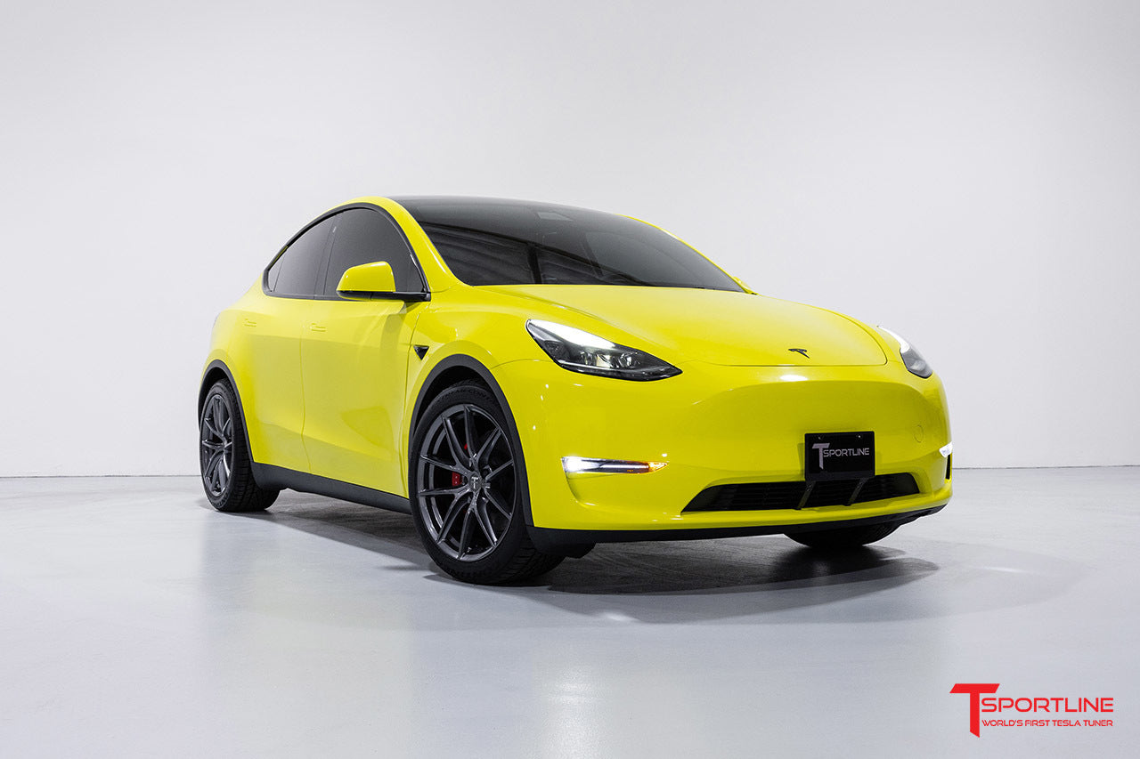 3M Gloss Lucid Yellow Tesla Model Y with 20" TSF Wheels