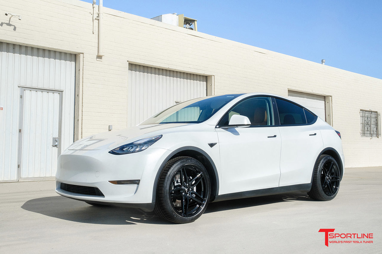 Pearl White Tesla Model Y with and 20