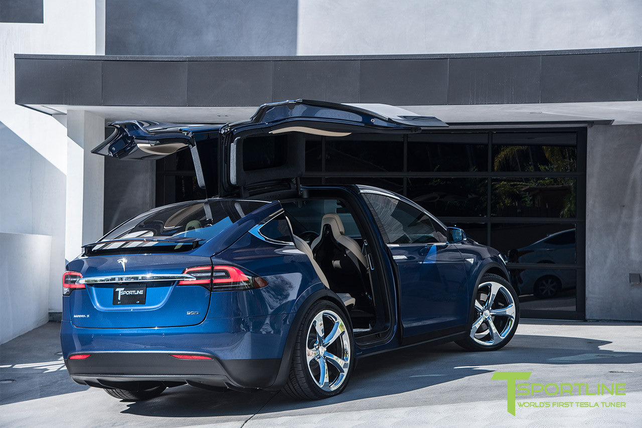Deep Blue Metallic Tesla Model X with Chrome 22 inch MX5 Forged Wheels 