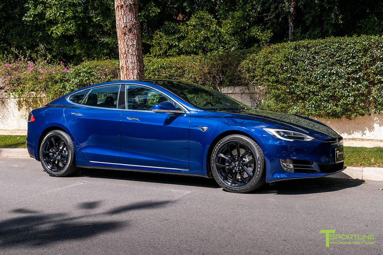 Deep Blue Metallic Tesla Model S with 19" TSS Flow Forged Wheels in Gloss Black by T Sportline 