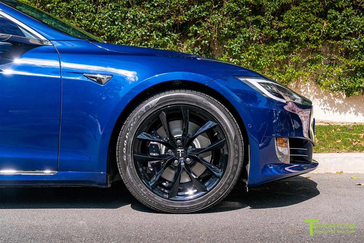 Deep Blue Metallic Tesla Model S with 19" TSS Flow Forged Wheels in Gloss Black by T Sportline 